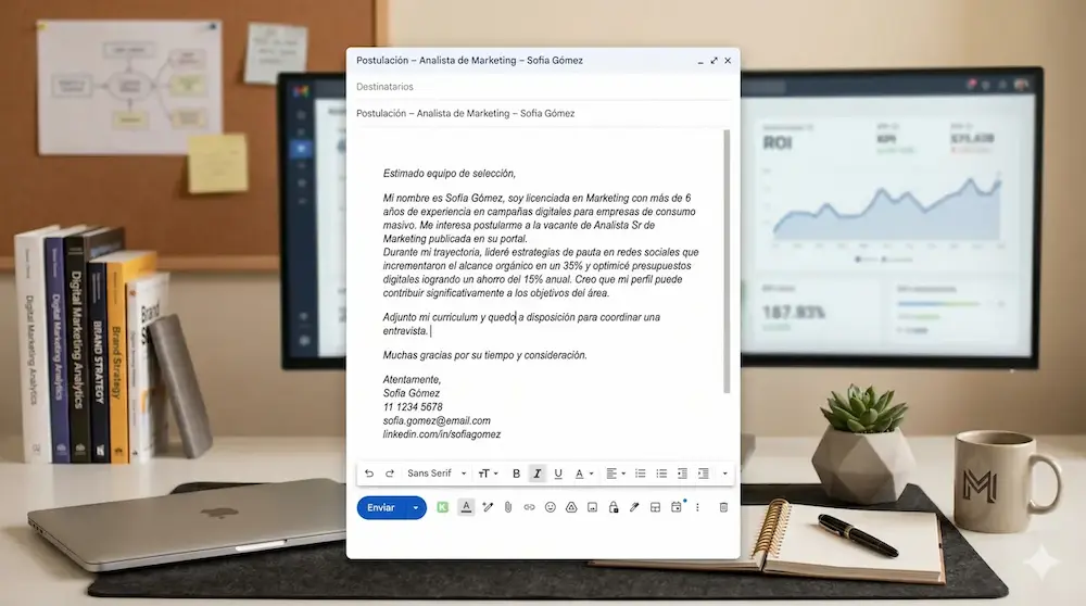 Ejemplo de correo redactado correctamente para enviar curriculum a reclutador.